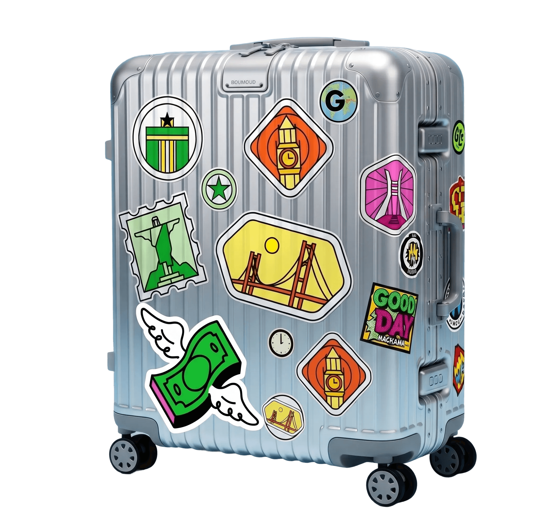 Illustration of a suitcase with travel stickers.