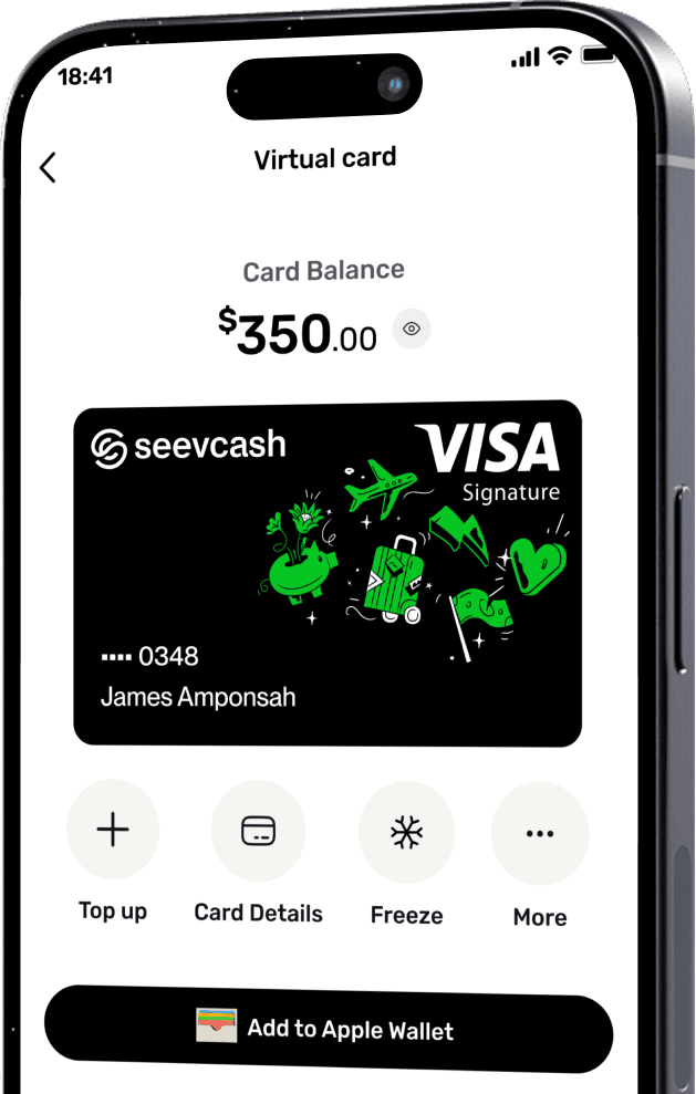 SeevCash virtual card screen showing card balance, card details, and Add to Apple Wallet