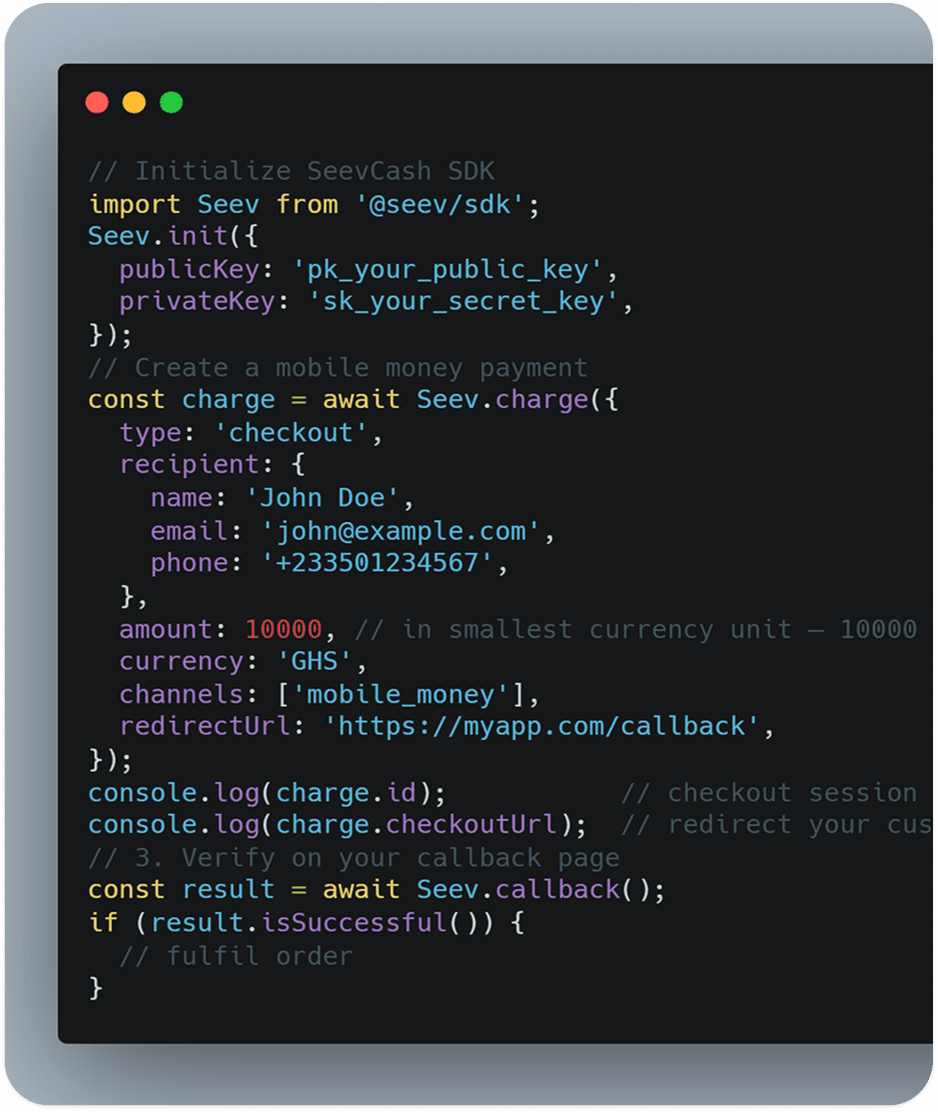 SeevCash SDK documentation and sample code for initializing payments and handling callbacks.