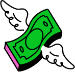 Illustration: banknote with wings representing no hidden fees.