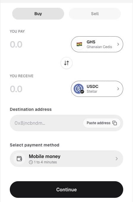 Live Seevcash hosted exchange showing GHS, USDC, and Mobile Money controls