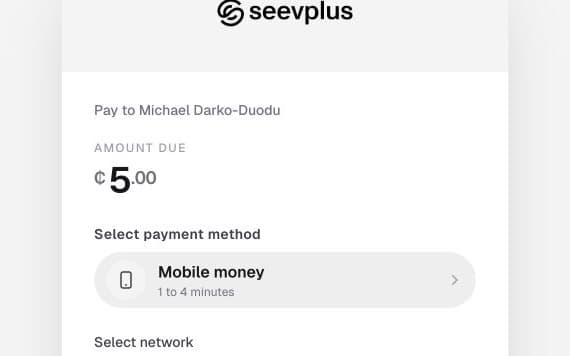 A hosted SeevPlus checkout showing a GH₵5 payment and mobile money option.