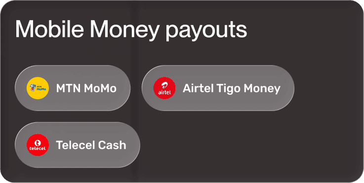 Mobile money payout options including MTN MoMo, Airtel Tigo Money, and Telecel Cash.