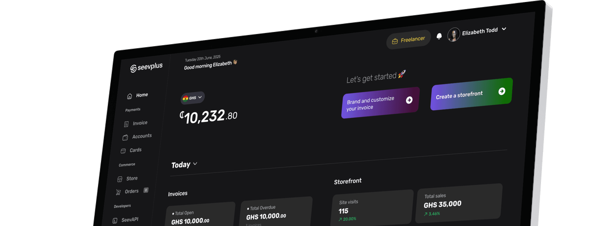 Seevplus business dashboard with balances, invoices, storefront, and account tools.