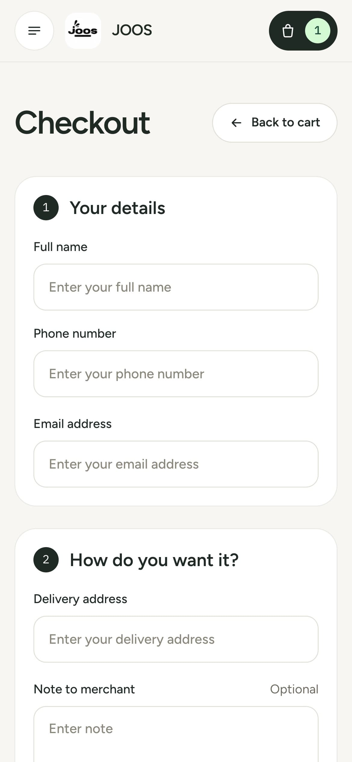 The JOOS checkout on a phone asking for full name, phone number and email address.