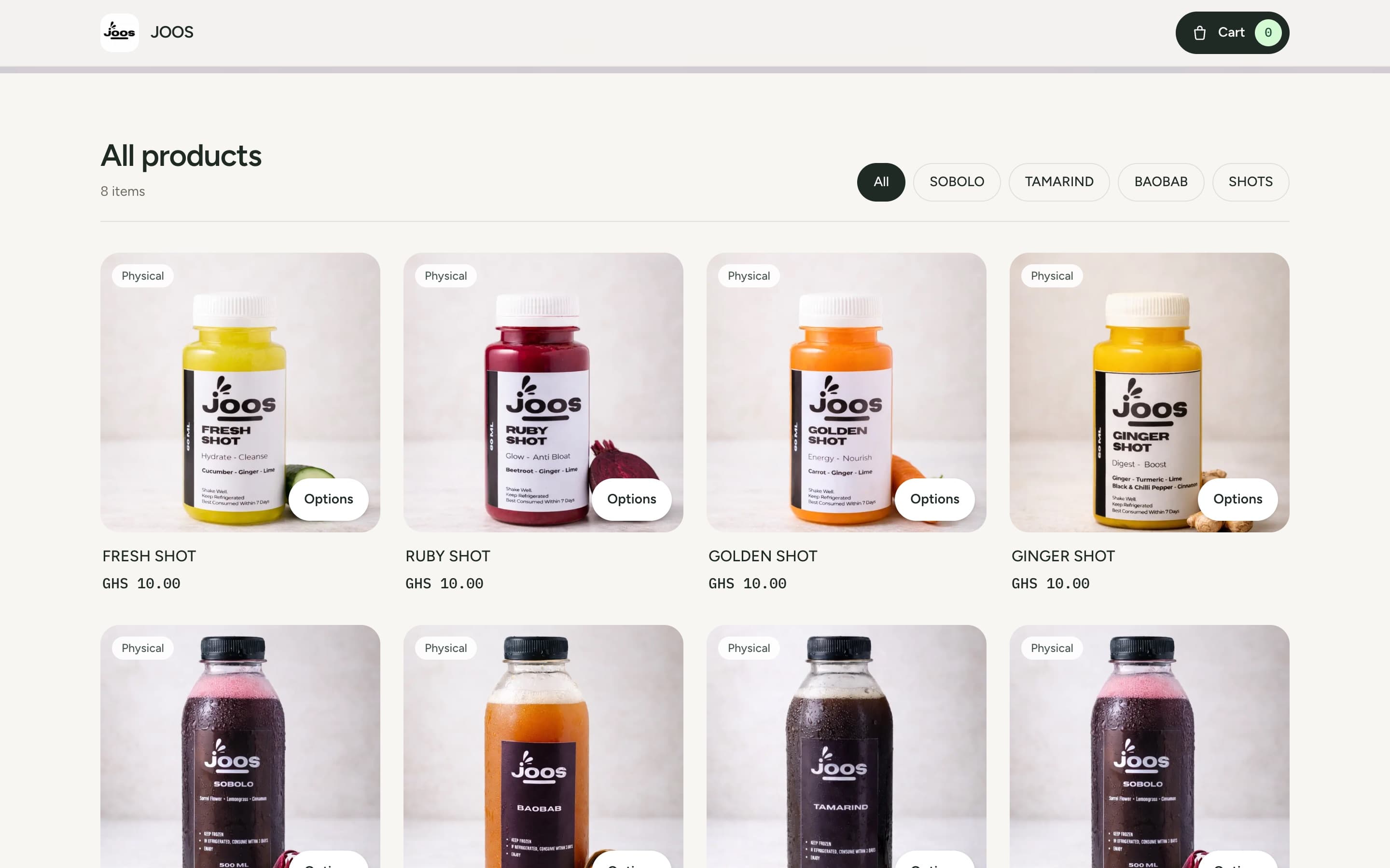 The JOOS catalogue on desktop: eight products, category filters for SOBOLO, TAMARIND, BAOBAB and SHOTS, and an Options button on each product.