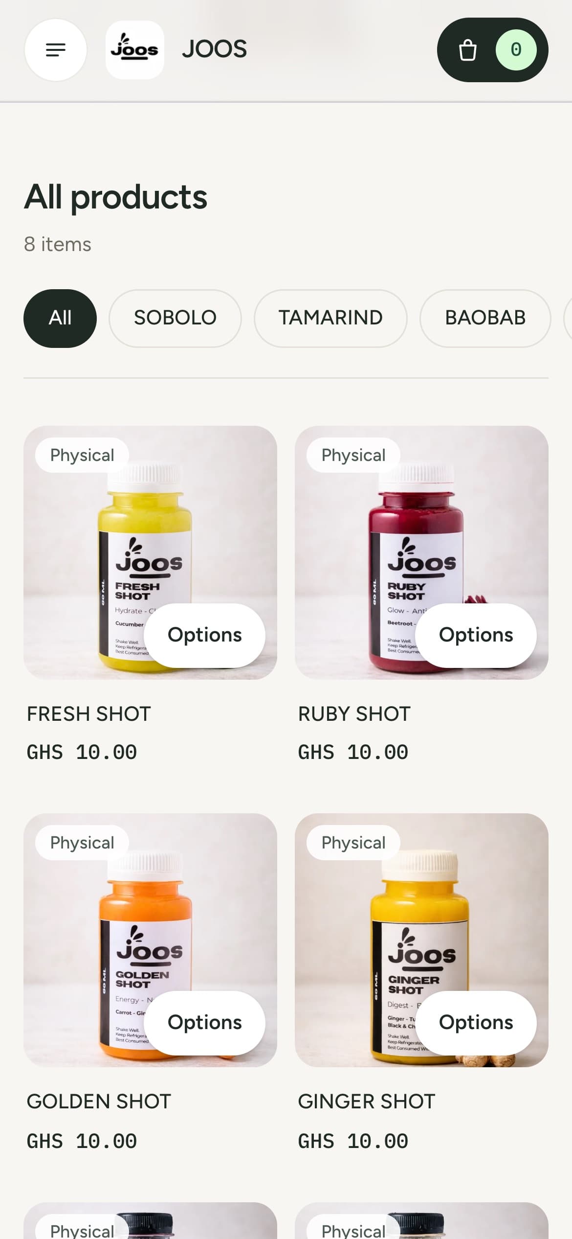 The JOOS product grid on a phone, with category filters and juice shots at GHS 10.00 each.