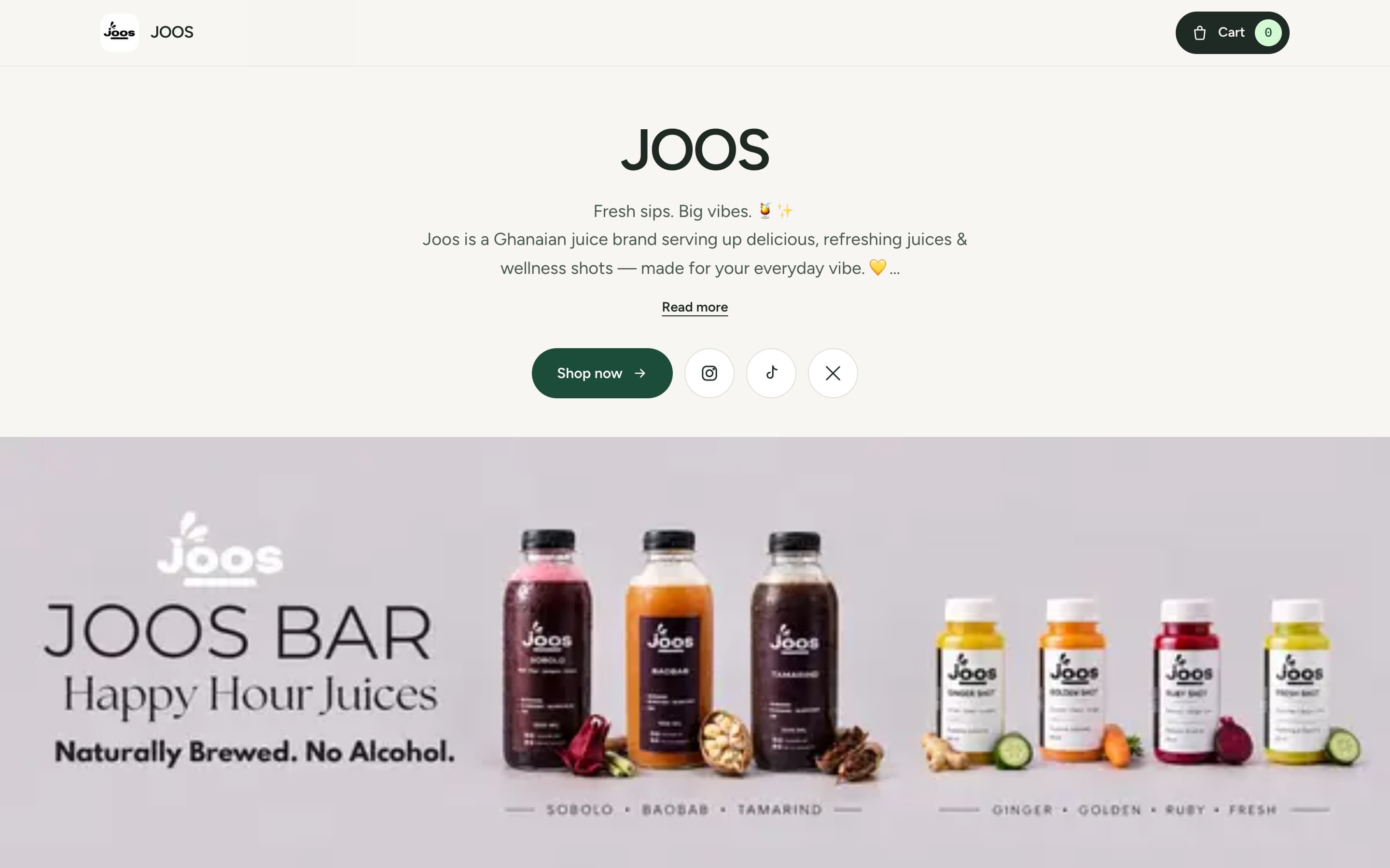 The JOOS storefront on desktop, with the store name, a short description, a Shop now button and the JOOS Bar banner.