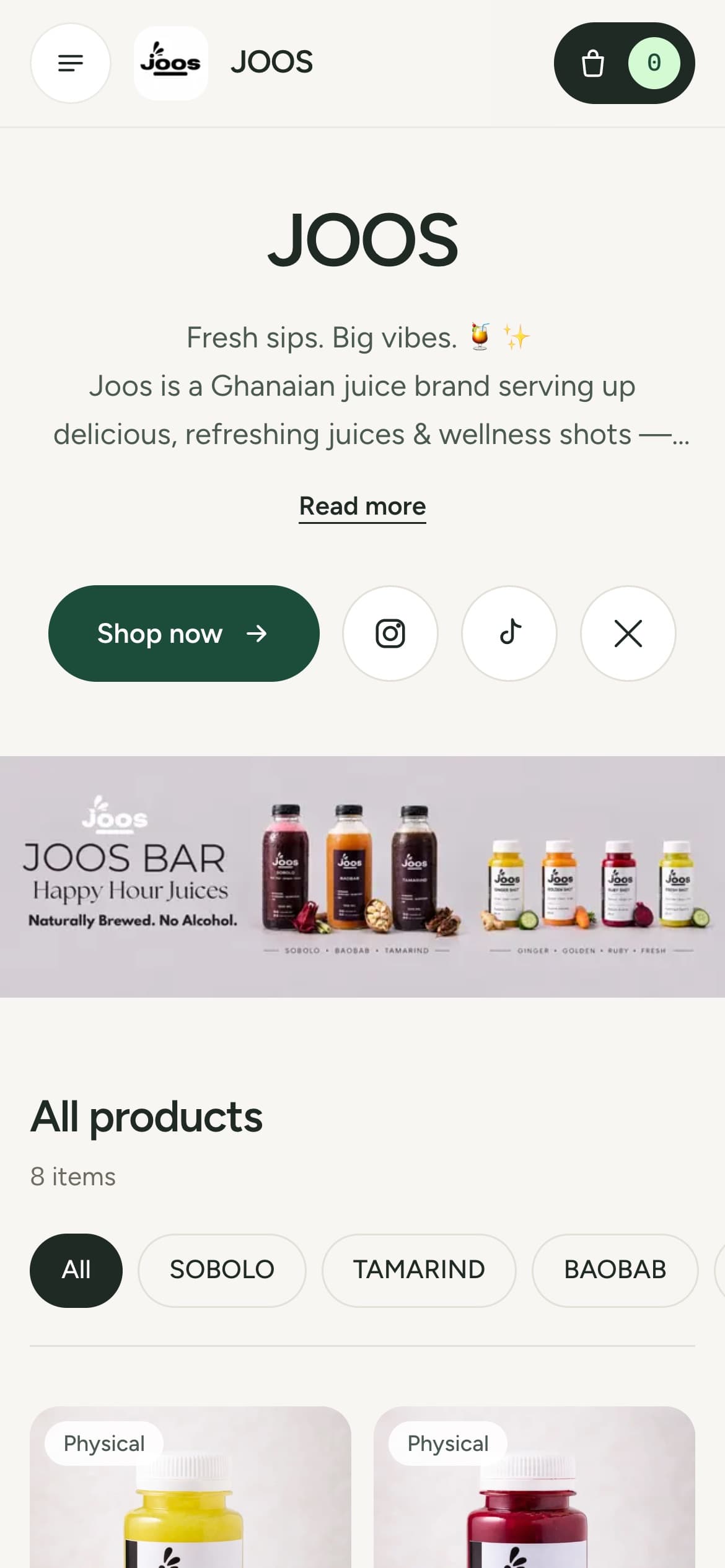 The JOOS store home on a phone, with its logo, description, social links and banner.