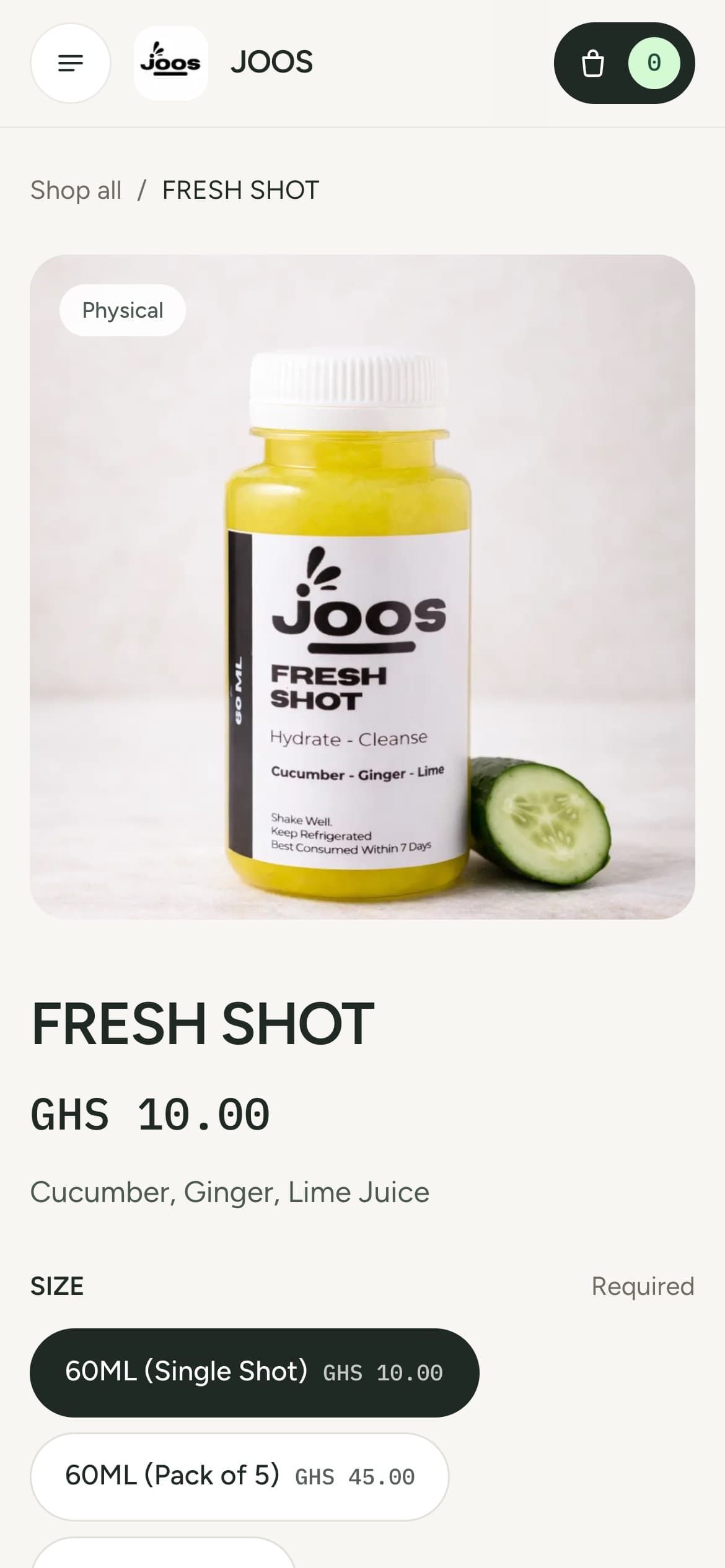 The FRESH SHOT product page on a phone with the 60ML Single Shot size selected.