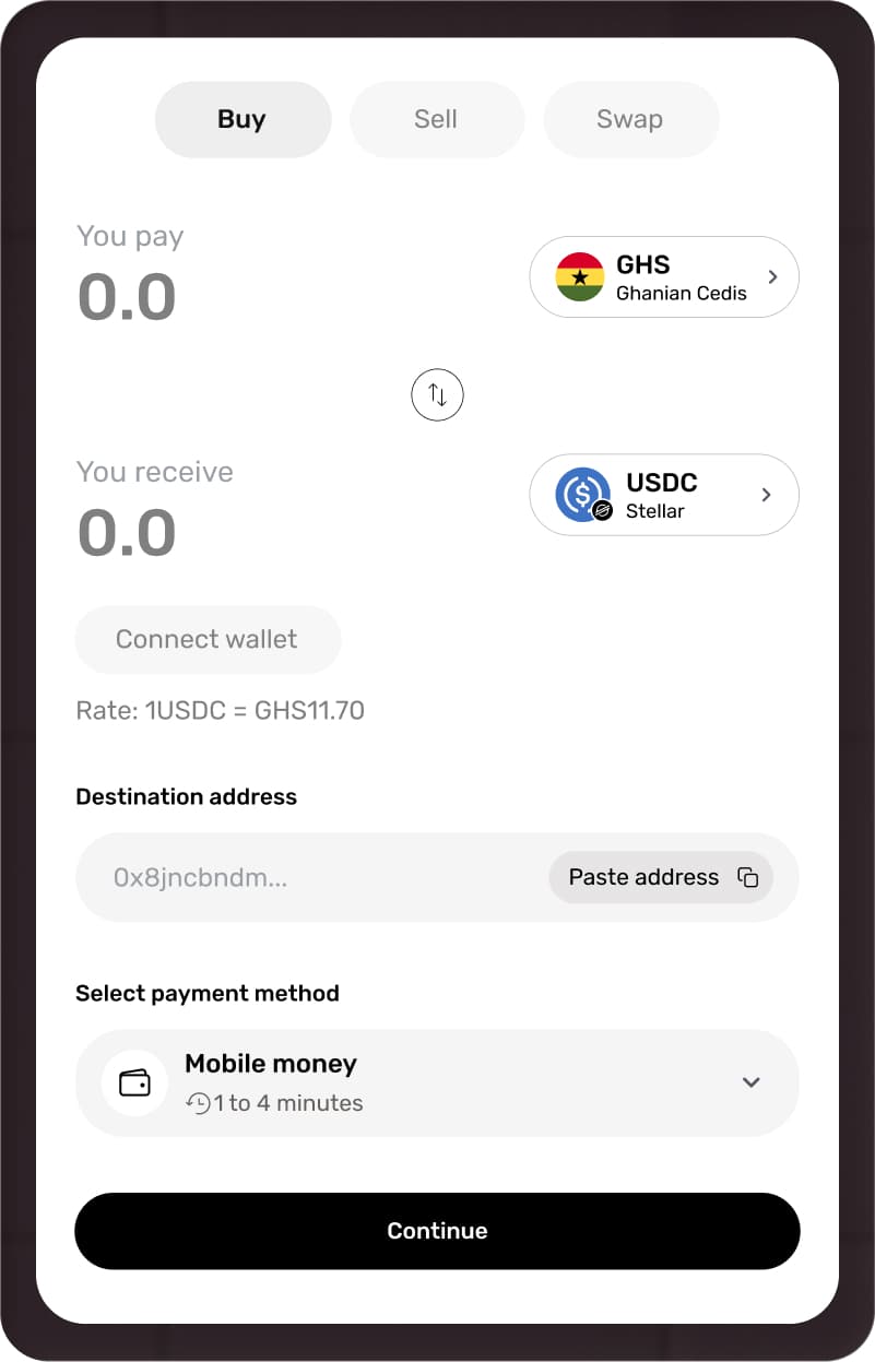Seevplus exchange widget: buy, sell, and swap between GHS and USDC with mobile money.
